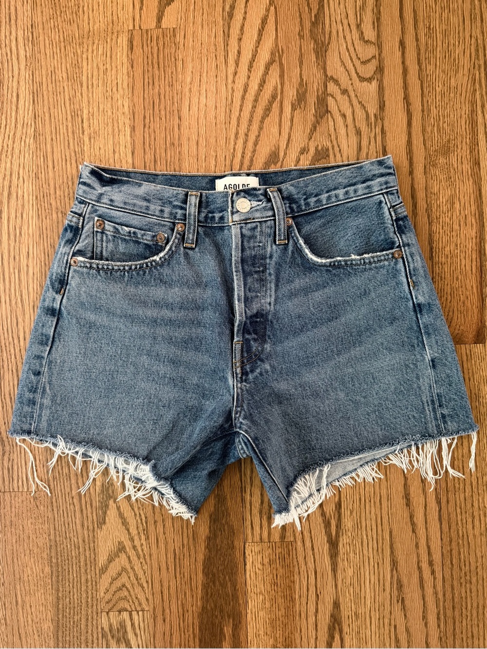 AGOLDE Parker Long Denim Shorts Size 25 Skywave High Rise Distressed Jean Shorts
